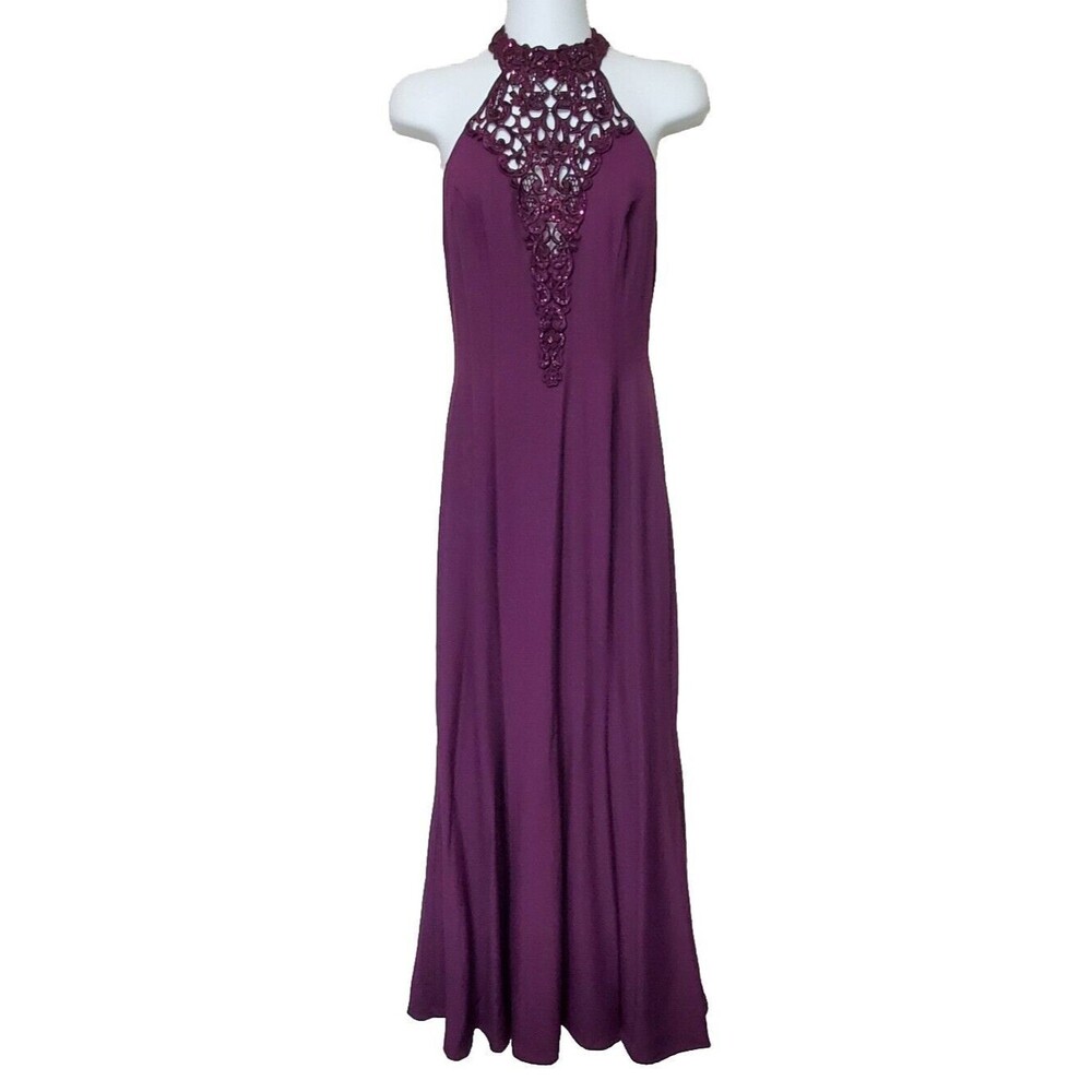 Zum Zum Dress 5/6 Vintage 90s Plum Formal Lace Beaded Halter Sheath Maxi Mermaid